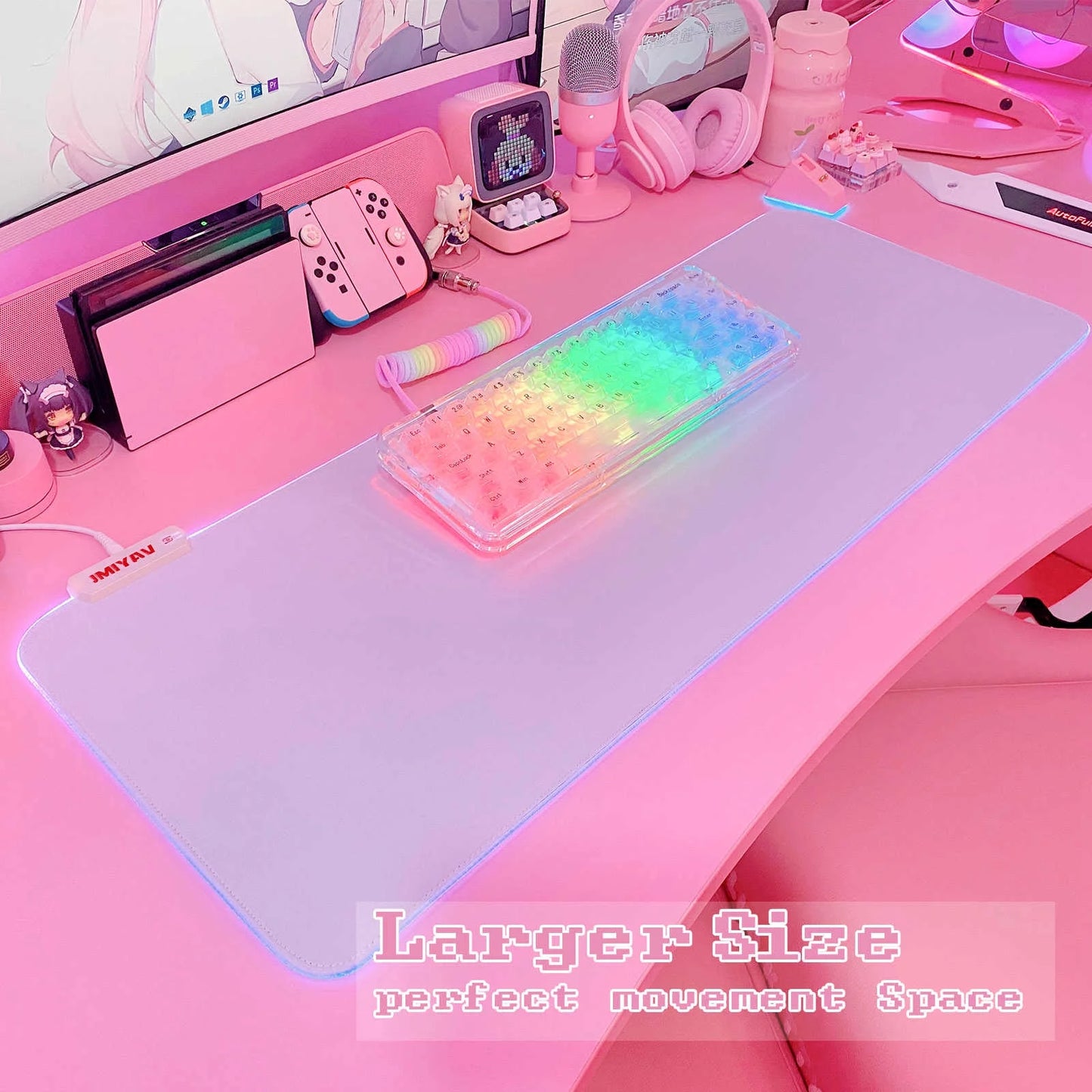 Gaming Mouse Pad White RGB Mousepad Non-Slip Rubber Base Extra Large Cool XL XXL Computer Desk Pad Gaming Accessories LED Light up  Extended Big Keyboard and Mouse Pad for Gamer (31.5X12In)